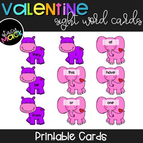 Valentine Sight Word Cards With Pink And Purple Elephants
