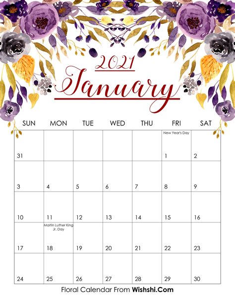 January 2021 Calendar Printable Aesthetic