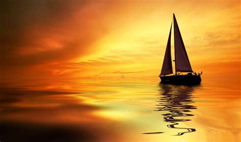 Sea Ocean Boat Yacht Sky Clouds Sunset Orange Landscapes Nature Earth