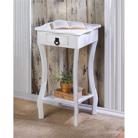 Sleek White Scalloped Accent Table With Drawer And Shelf Wood Accent