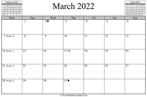 March 2022 Calendar Horizontal Layout