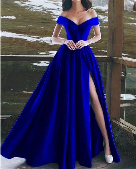 Elegant V Neck Off The Shoulder Long Satin Prom Dresses Alinanova