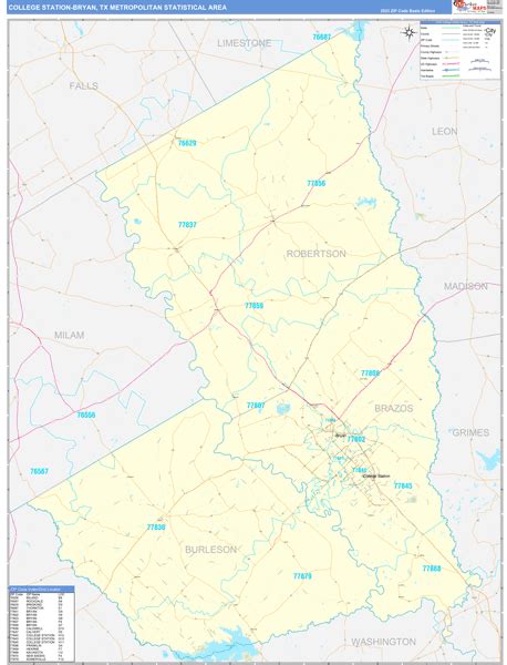 College Station Bryan Tx Metro Area Wall Map Basic Style By Marketmaps