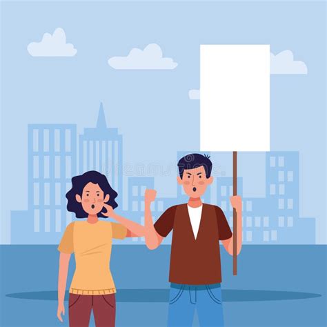 Woman And Man Holding A Blank Sign Colorful Design Stock Vector Illustration Of Campaign