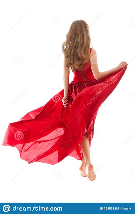 Woman Back Rear View Walking In Red Dress Fluttering On Wind Girl In