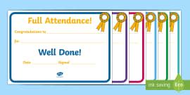 Full Attendance Award Certificate 100percent Attendance Award 100