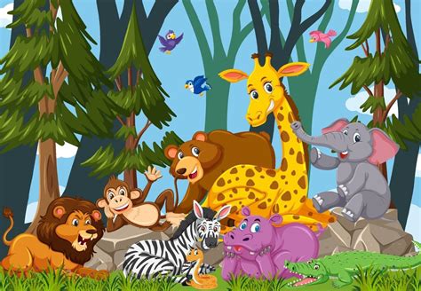 Wild Animal Group Cartoon Character In The Forest 1949393 Vector Art At
