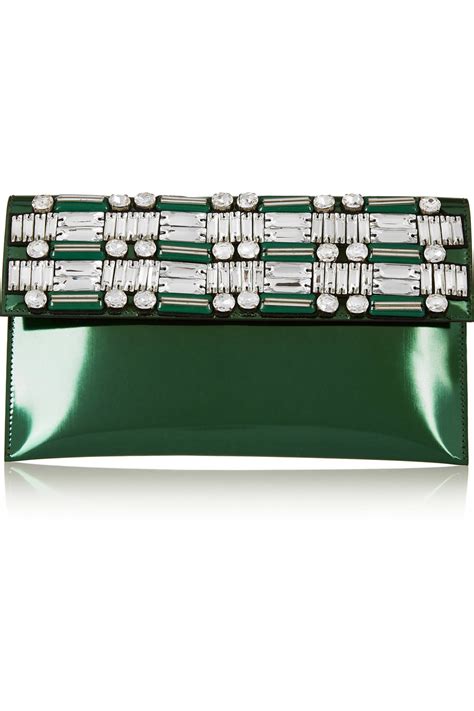 Marni Crystal Embellished Metallic Leather Clutch In Green Lyst