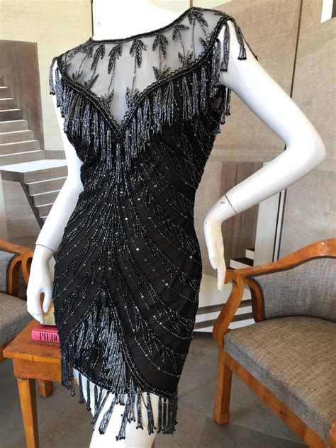Bob Mackie Vintage 80s Sheer Little Black Dress With Bugle Bead Fringe For Sale At 1stdibs