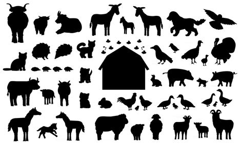 Set Of Silhouette Cartoon Farm Animals Vector Collection Of Wooden