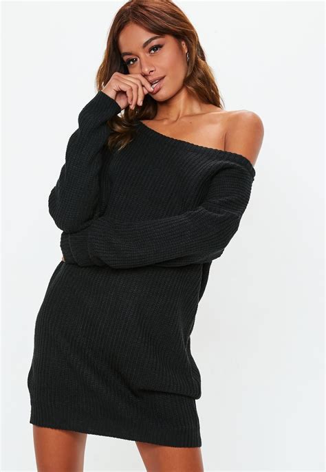 Missguided Black Off Shoulder Knitted Sweater Dress Sweater Dress Knit Sweater Dress Off