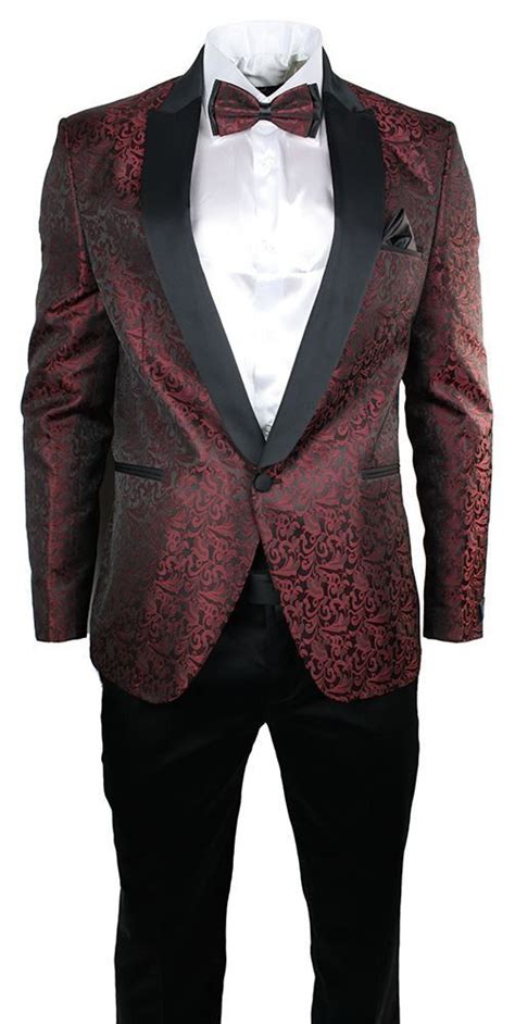 mens maroon wine black paisley pattern suit tuxedo wedding party bow tie cumerband maroon prom