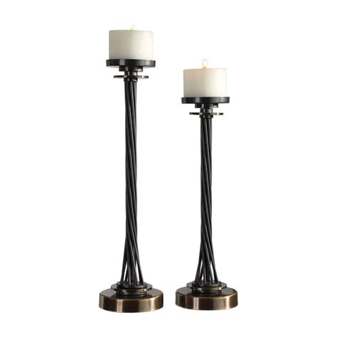 Kendra 25 Twisted Aged Black Iron Pillar Candle Holders Brass Detail