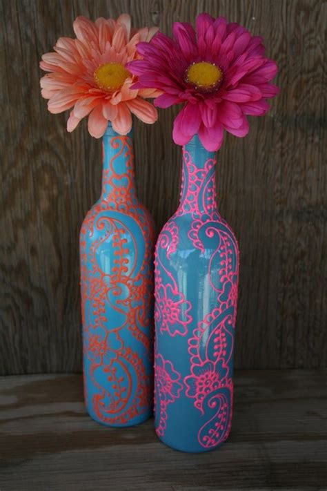 Set Of 2 Hand Painted Wine Bottle Vases Turquoise With Coral