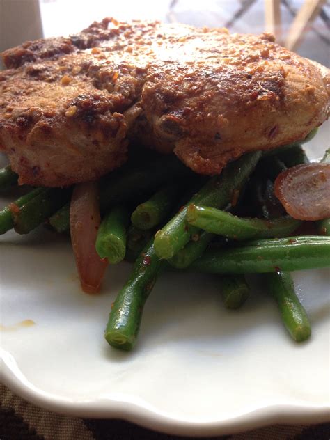 Mustard tiger is soo good. bourbon pork chop over sautéed green beans | Pork, Sauteed ...