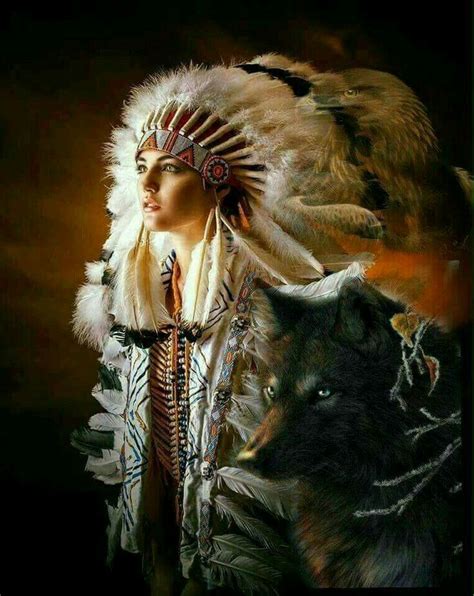 A Native American Woman With Feathers On Her Head And Wolf In Front Of