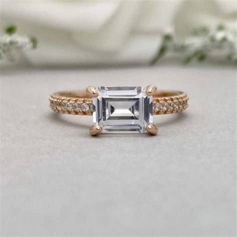Rose Gold Emerald Cut Simulated Diamond Engagement Ring Round Etsy