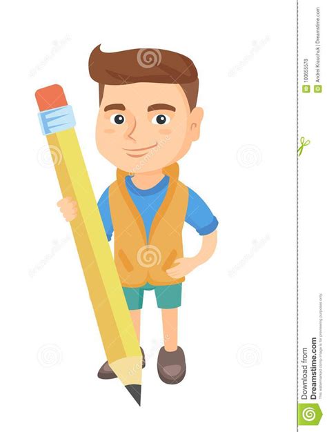 Caucasian Kid Boy Standing With A Huge Pencil Stock Vector