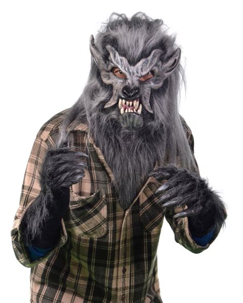 Werewolf Costume Kit Gray Night Crawler Mask Movable Mouth Fur Collar Gloves Hair Fur Trim Wolf
