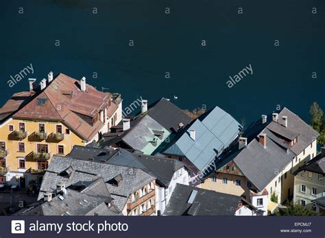 View From Above Over The Roofs Of Hallstatt Village With Hallstatt Lake