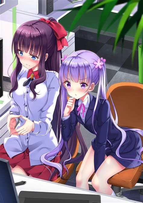 Anime Anime Girls Long Hair Purple Hair Purple Eyes Blue Eyes Legs New Game Hd Phone
