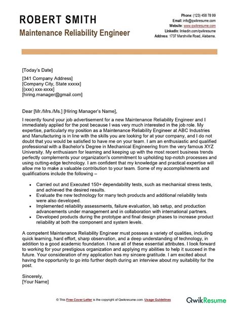 Maintenance Reliability Engineer Cover Letter Examples Qwikresume