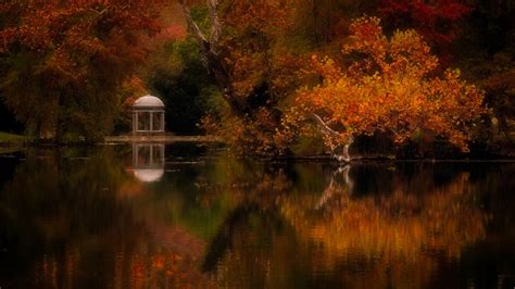 Gazebo Nature Park Pond And Trees During Fall Hd Nature Wallpapers Hd