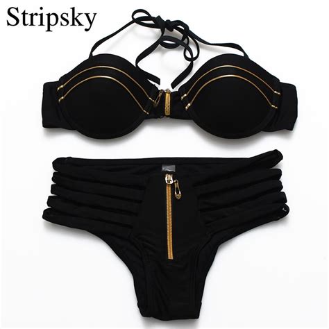 Stripsky Zipper Design Halter Bikini Sexy Women Bandage Swimsuit Push Up Bikini Set Patchwork