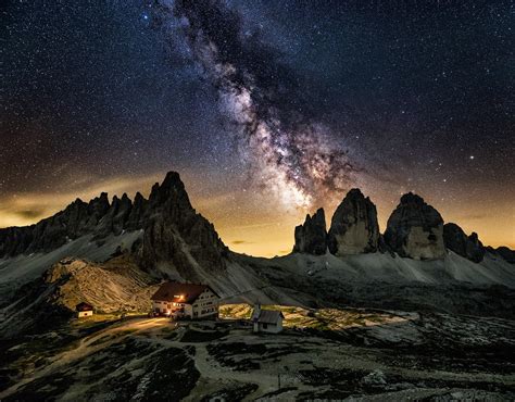 Nature Landscape Milky Way Galaxy Mountains Starry Night Cabin