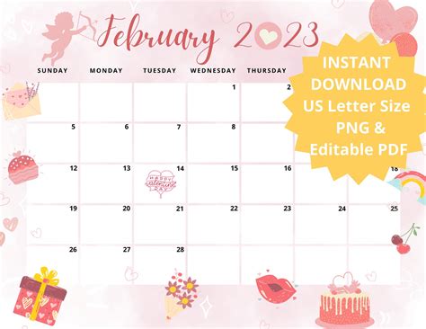 Editable Valentine February Calendar 2023 Wall Calendar 2023 Etsy