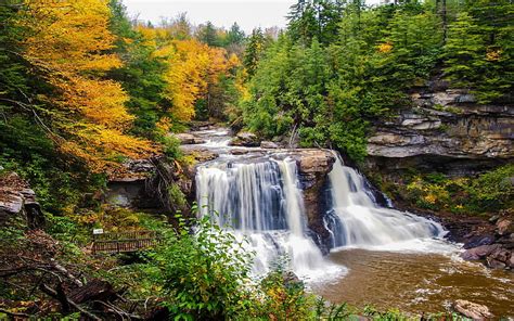 Hd Wallpaper Mountain River Waterfall Autumn Green Pine Forest And