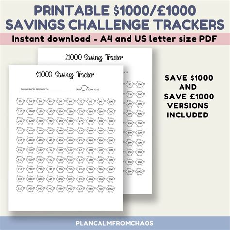 1k Savings Tracker Printable Digital Download Printable 1000 Savings