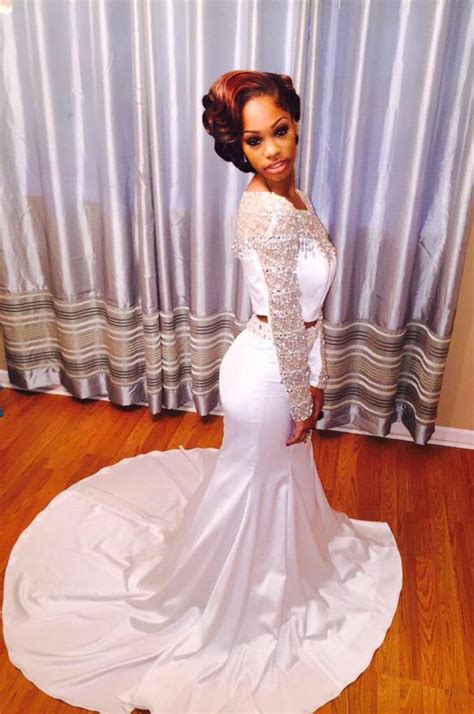 2017 Elegant African American Black Girls Two Pieces Prom Dress Mermaid White Beaded Long
