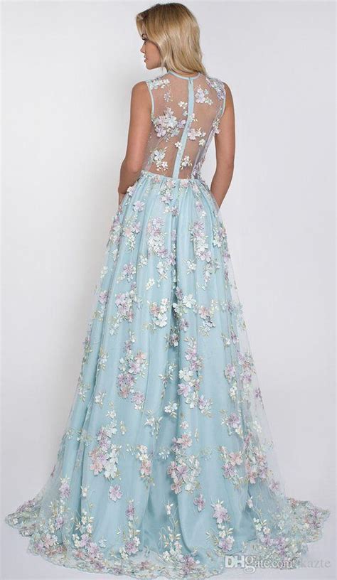 Mint Blue Sexy 3d Floral Appliqued Prom Dresses Long Deep