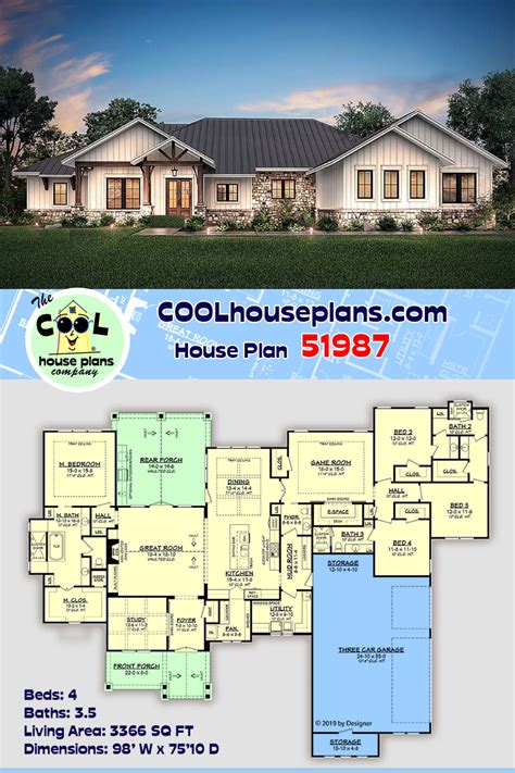 House Plan 51987 Ranch Style With 3366 Sq Ft 4 Bed 3 Bath 1 Half