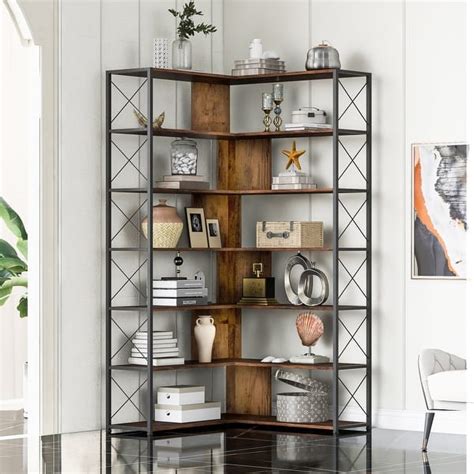 L Shaped Corner Bookcase With Metal Frame With 7 Open Shelf Mdf Boards