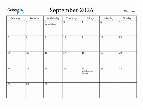 September 2026 Vietnam Monthly Calendar With Holidays