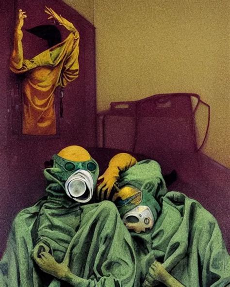Two Skinny Exhausted Doctors Wearing Gas Masks Draped Stable