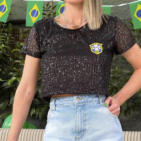 Cropped Camiseta De Paete Brasil Copa Preta Sol Peeling