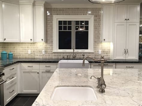 White tile ceramic subway brick gloss finish 2 x 4 (box of 10 sqft), wall tile, backsplash tile, bathroom tile on 12x12 mesh for easy installation. White granite island, gray marble counter & Encore silver ...