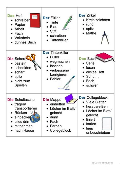 Das werden sogar details wie der name und die infos angegeben, die echt werden müssen. Schulsachen Tabu Differenziert (mit Bildern) | Deutsch ...