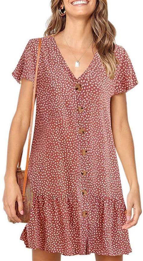 Chuanqi Womens Polka Dot V Neck Button Down Ruffles Casual Loose Swing