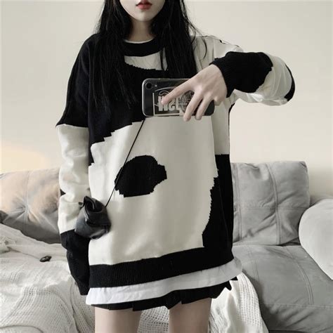 Itgirl Shop Korean Aesthetic Cow Printed Knit Oversized Sweater