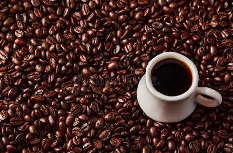 White Cup With Coffee Beans On Coffee Beans Background Stock Photo