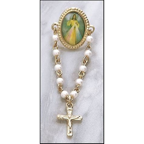 Gold Tone And Epoxy Divine Mercy Icon Rosary Lapel Pin 3 Inch