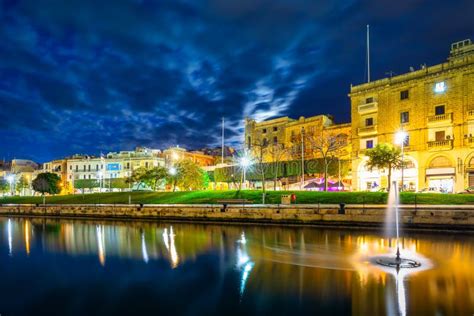 Beautiful Architecture Of Birgu Town At Night Malta Stock Photo