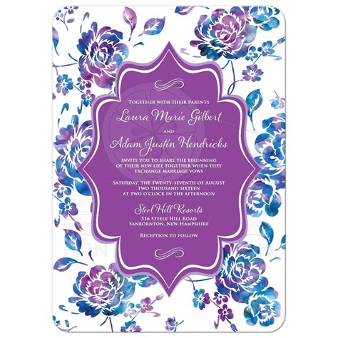 Wedding Invitation Watercolor Floral Purple Teal Turquoise Blue