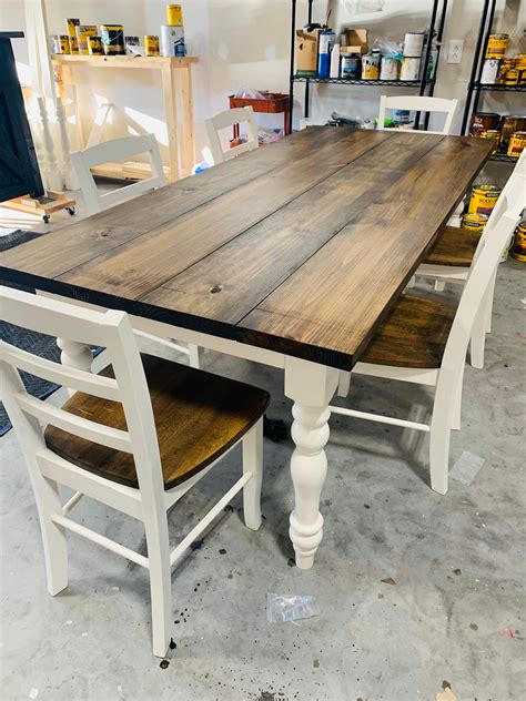 7ft Rustic Farmhouse Table With Chairs And Turned Legs Dark Etsy