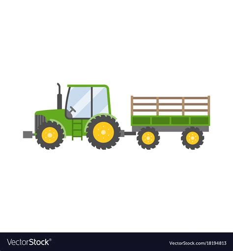 Green Tractor With Trailer For Farming Icon Vector Image