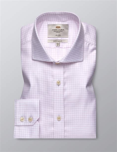 Men S Formal Pink White Grid Check Extra Slim Fit Shirt Single Cuff